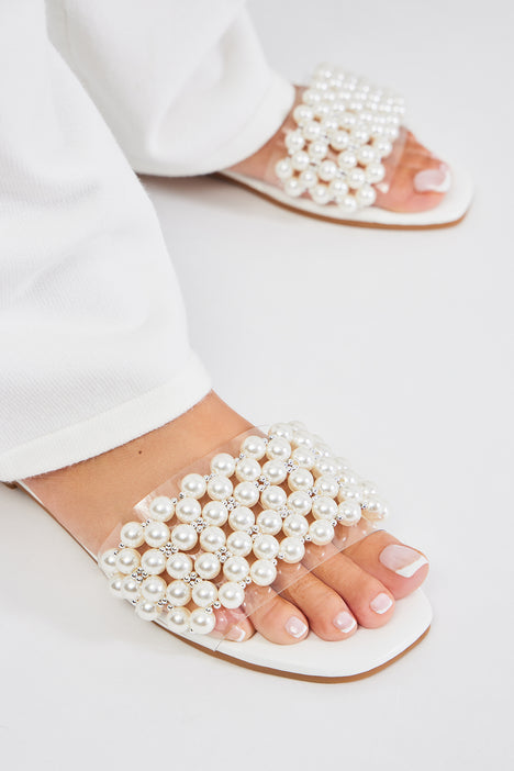 White Sandals - Slide Sandals - Faux Fur Sandals - Pearl Sandals - Lulus
