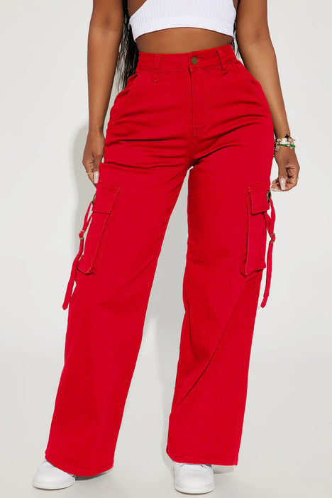 Red high sales waisted cargo pants