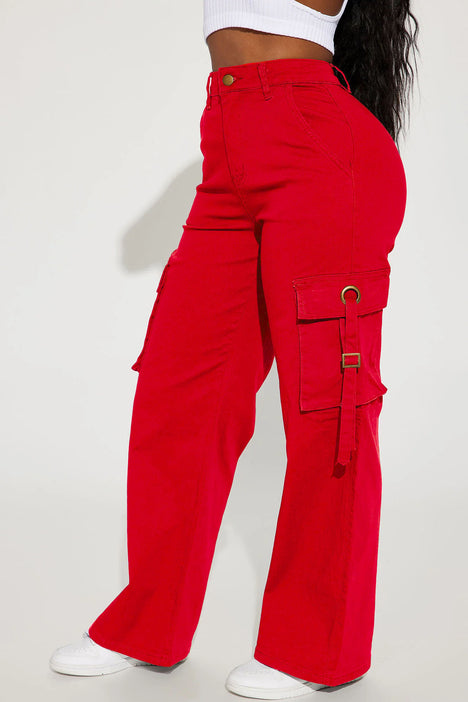Red cargo pants fashion nova cheap