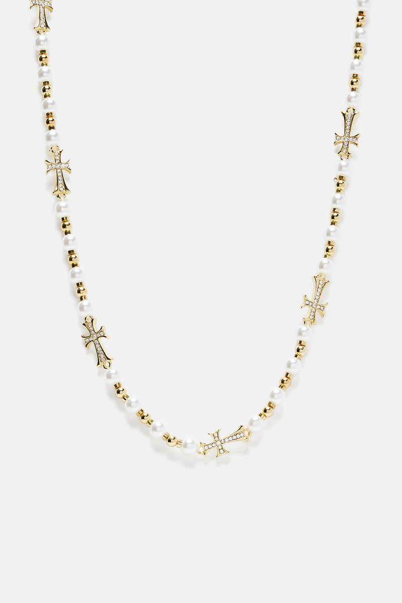 Tate Pearl Cross Chain Necklace Gold Fashion Nova, Mens Jewelry