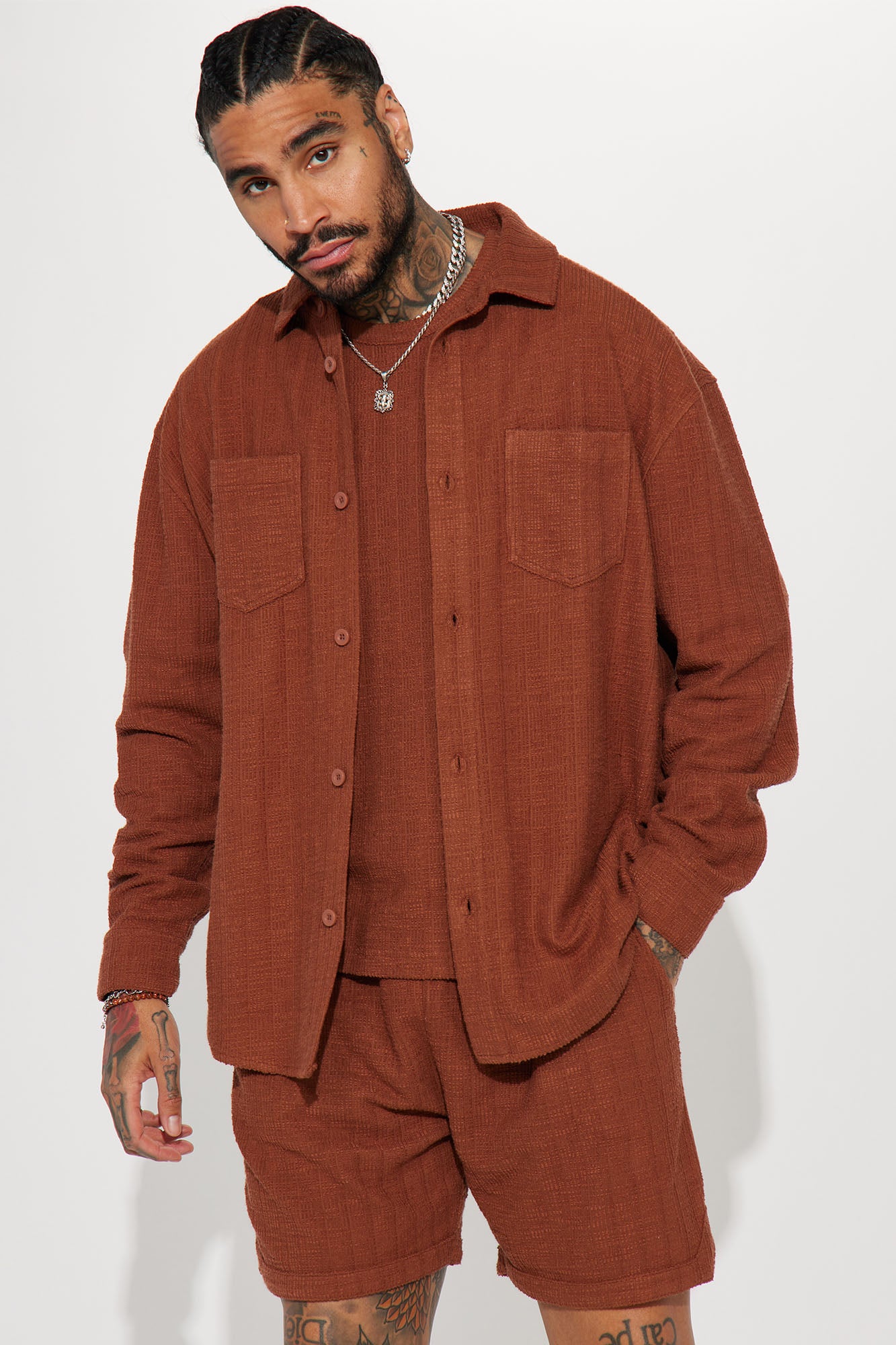 Dean Textured Long Sleeve Button Up Shirt Chocolate