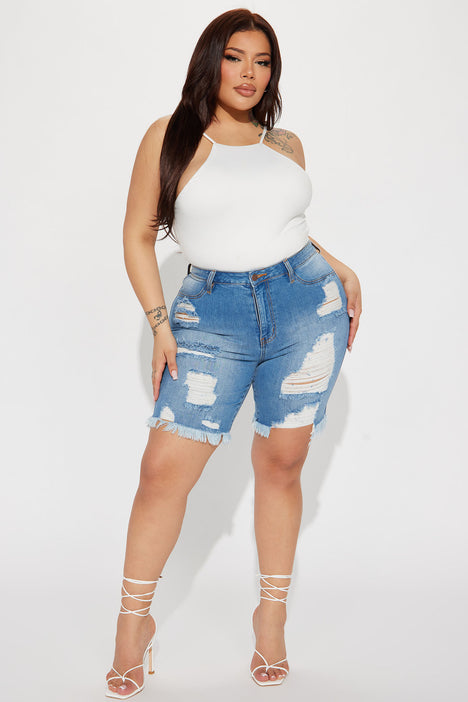 I ll Be Waiting Stretch Bermuda Shorts Medium Wash Fashion