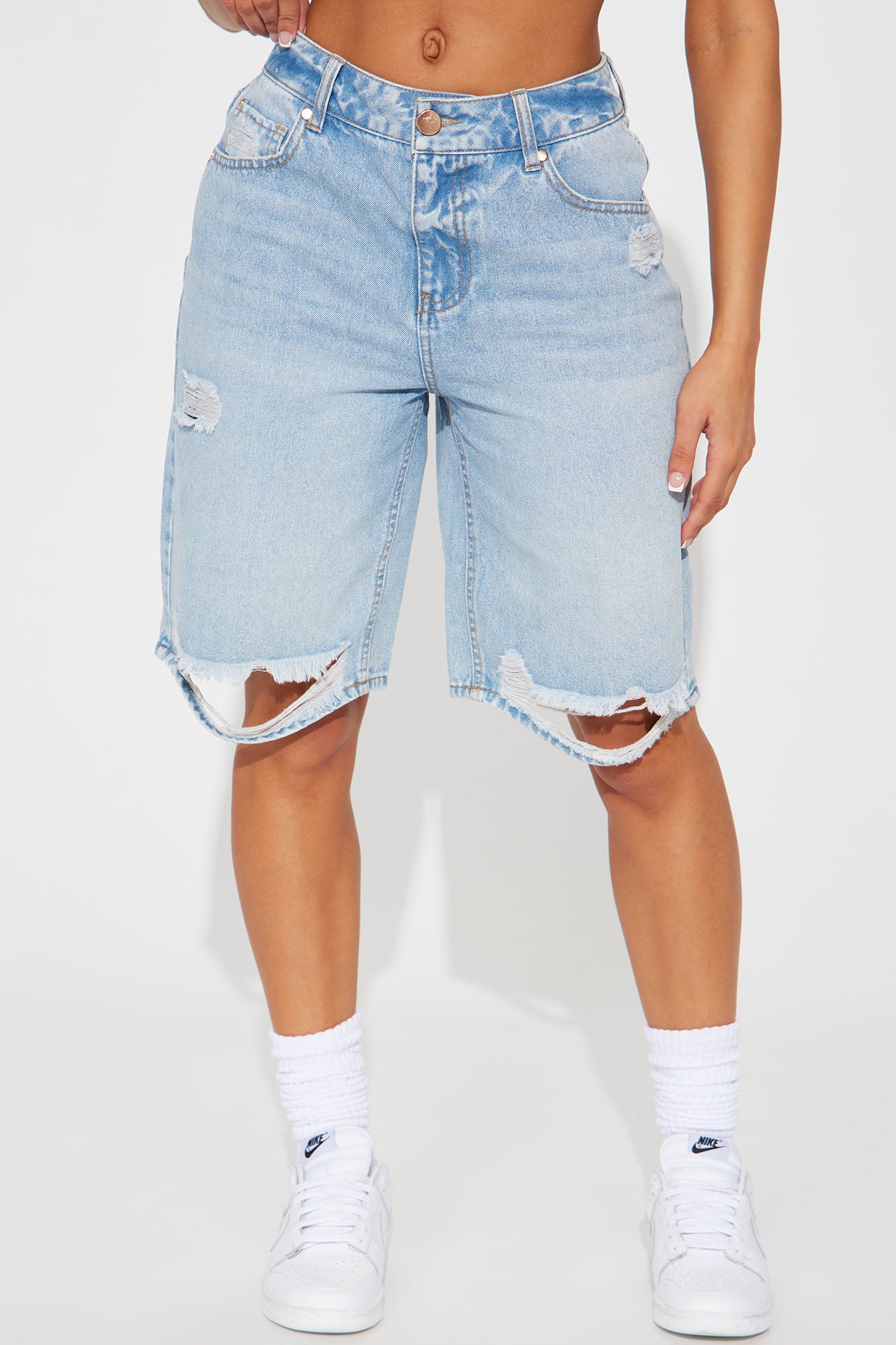 Serendipity Ripped Non Stretch Denim Bermuda Shorts Light Wash