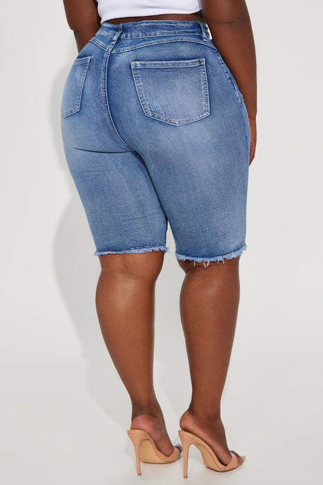 Hot Shot Stretch Denim Bermuda Shorts Medium Wash Fashion Nova