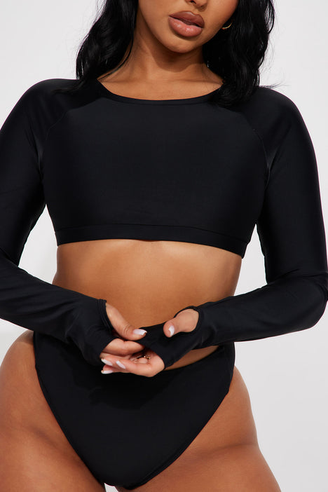 Black long 2025 sleeve bikini top