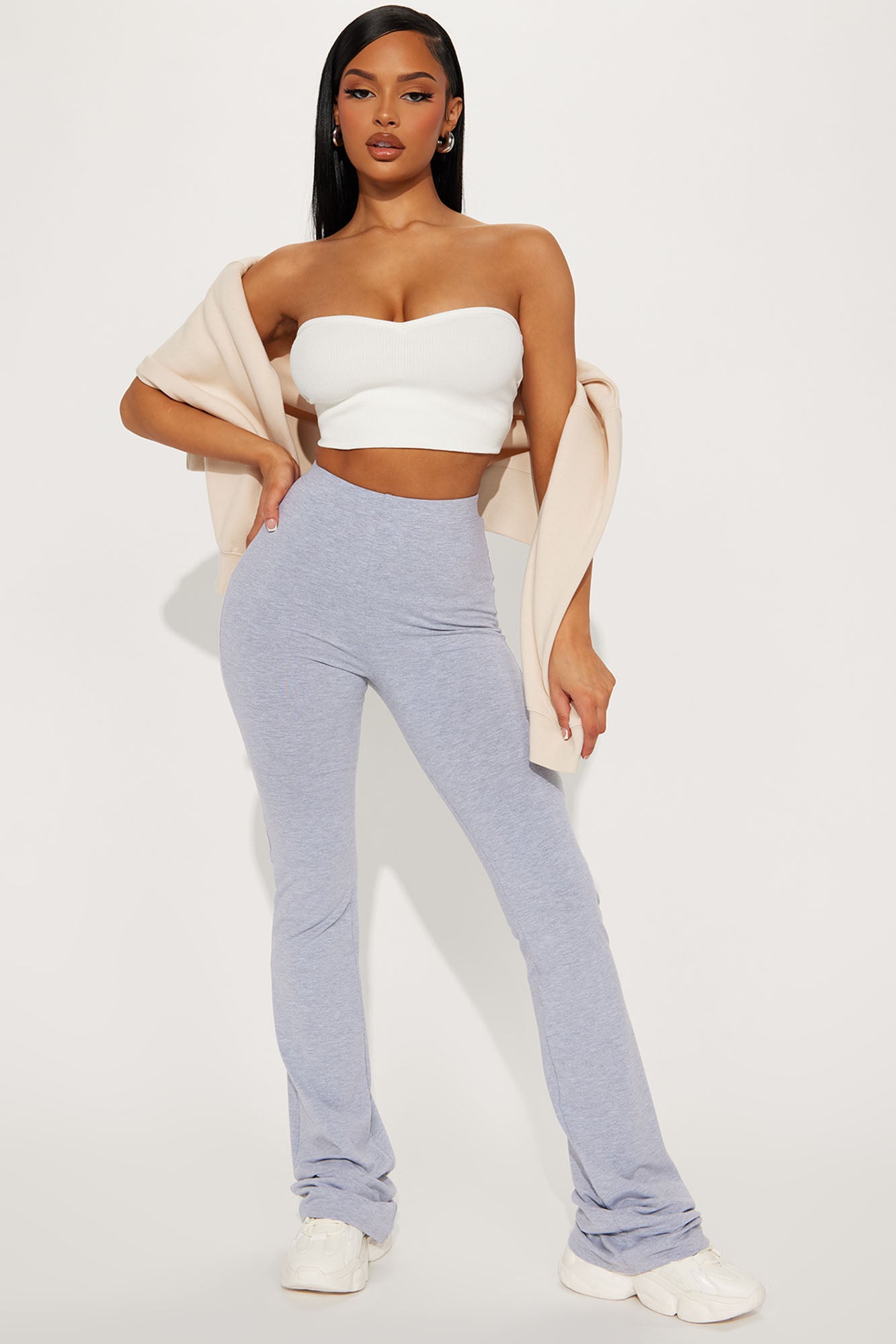 Tall Grey Marl Deep Waistband Fold Over Trousers  PrettyLittleThing