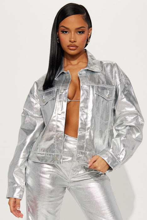 Shine For You Metallic Trucker Jacket Silver Fashion Nova