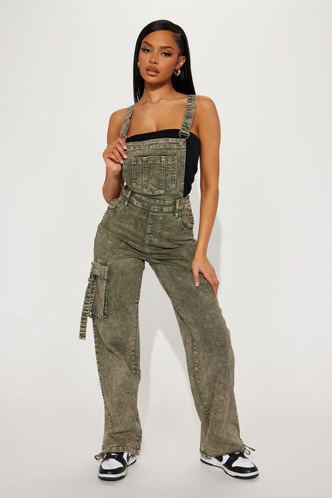 Been There Before Cargo Non Stretch Denim Overalls Green