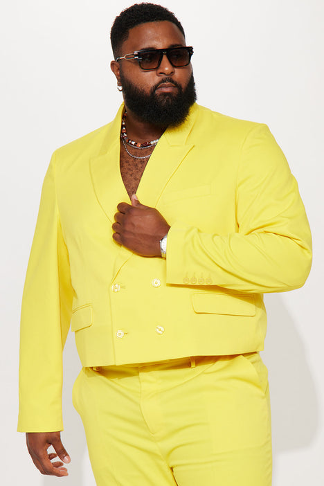 Modern Gabardine Cropped Double Breasted Blazer Yellow Fashion