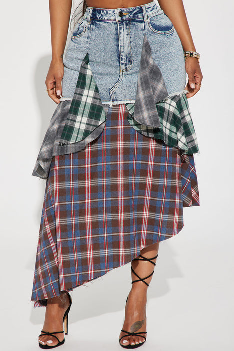 Denim plaid maxi skirt online