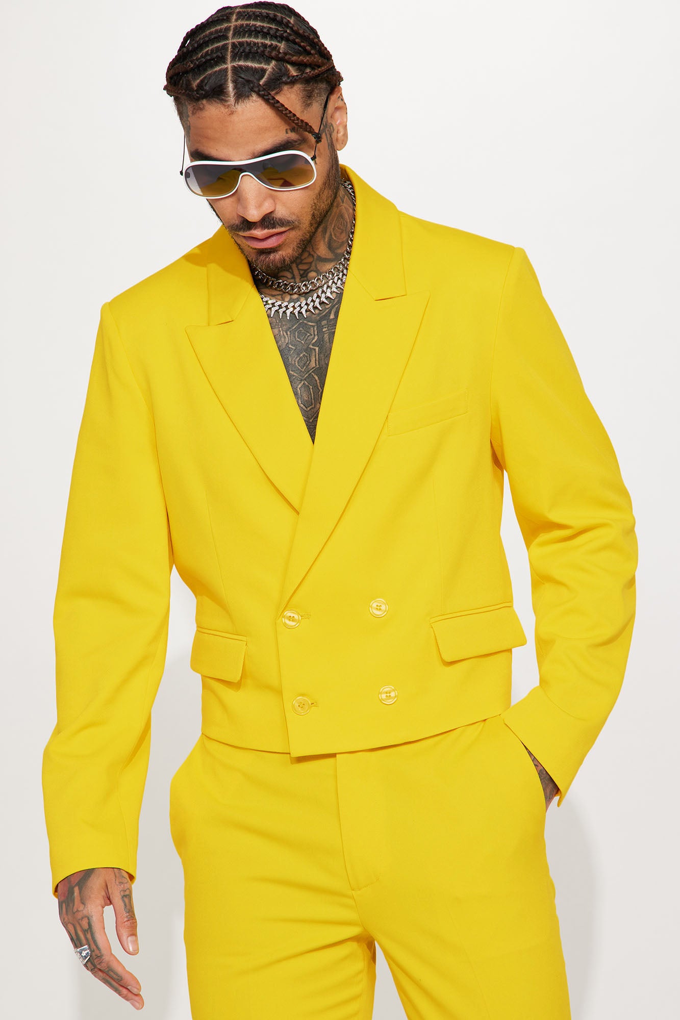 Modern Gabardine Cropped Double Breasted Blazer Yellow
