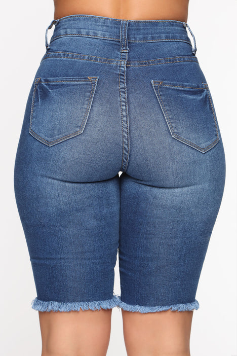 See Me Now Distressed Bermuda Shorts Medium Blue Wash