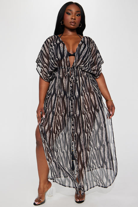 Chasing Sunsets Sheer Swim Cover Up Long Kimono Black White