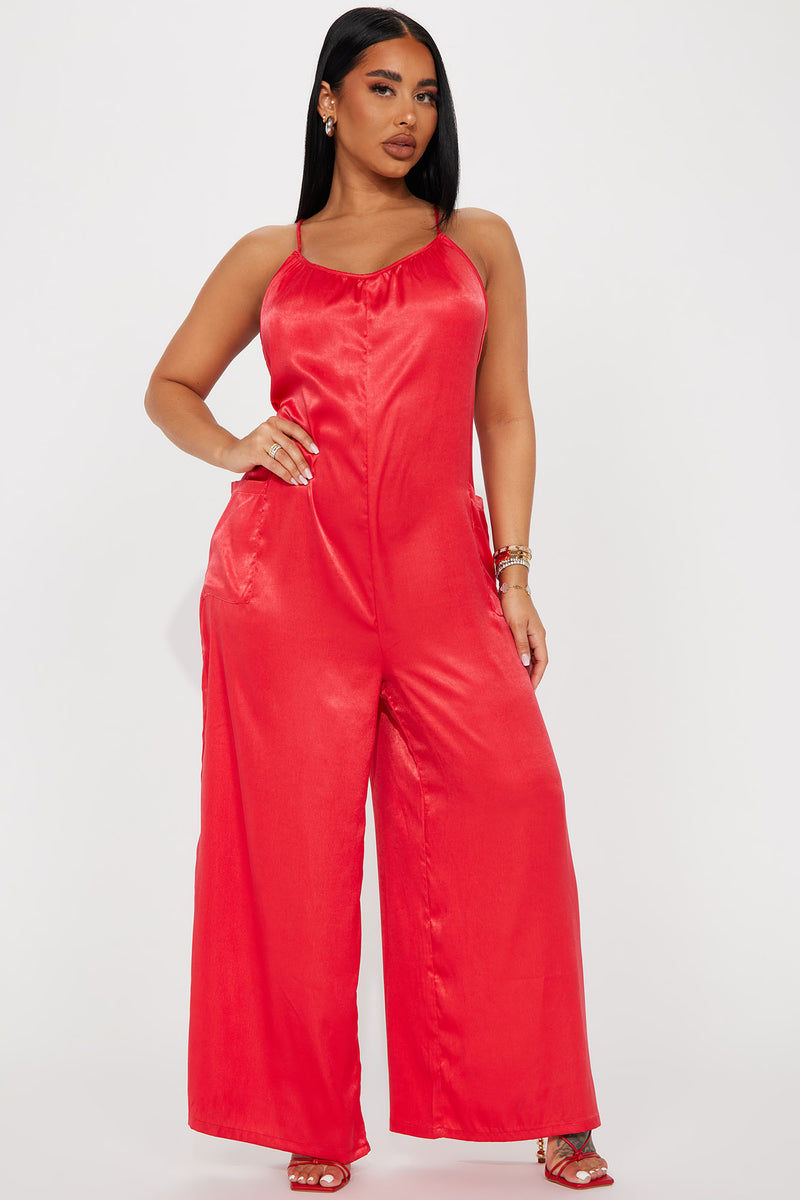 Red Satin & Crepe Jumpsuit