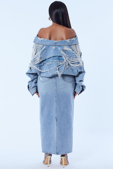 All Nighter Ripped Denim Trucker Jacket Medium Wash Fashion