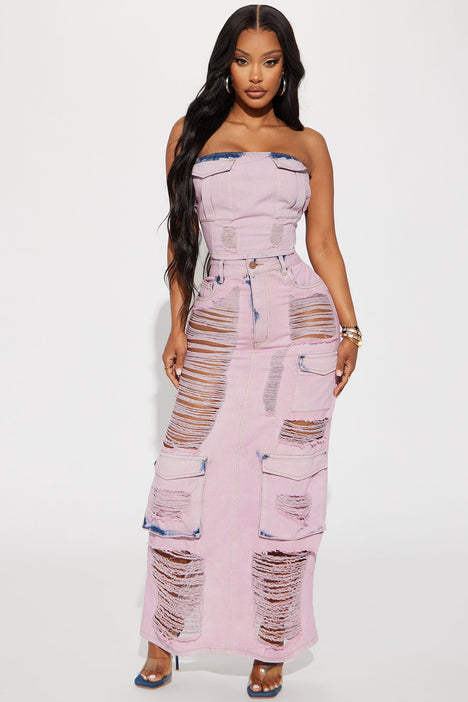 Fashion nova top pink denim skirt