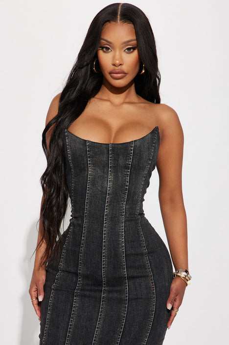 Black denim midi best sale dress