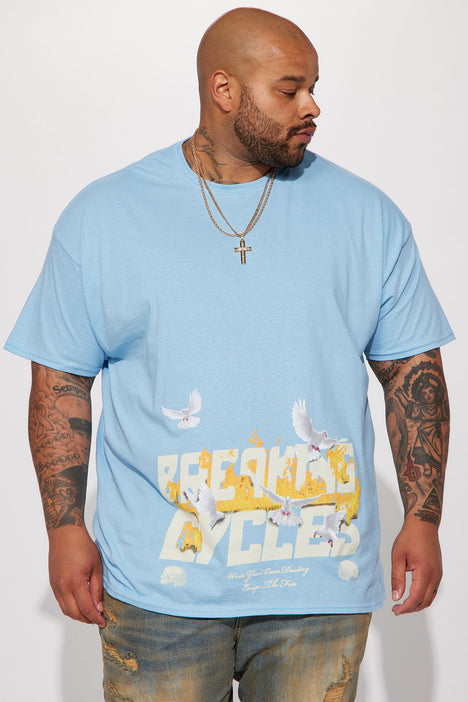 Light blue and new arrivals white graphic tee