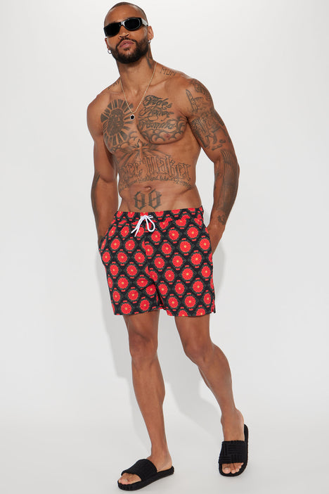 Black and on sale red swim trunks