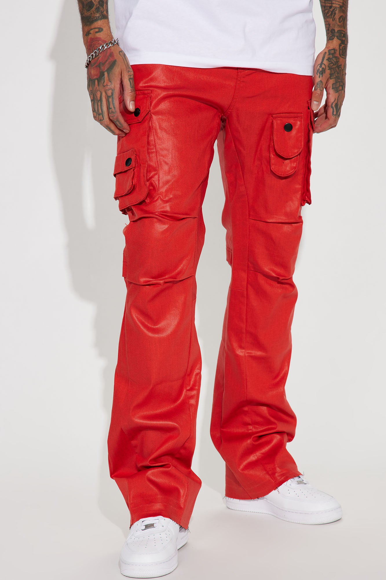 Top Off Slim Stacked Flare Cargo Pants - Red, Fashion Nova, Mens Pants