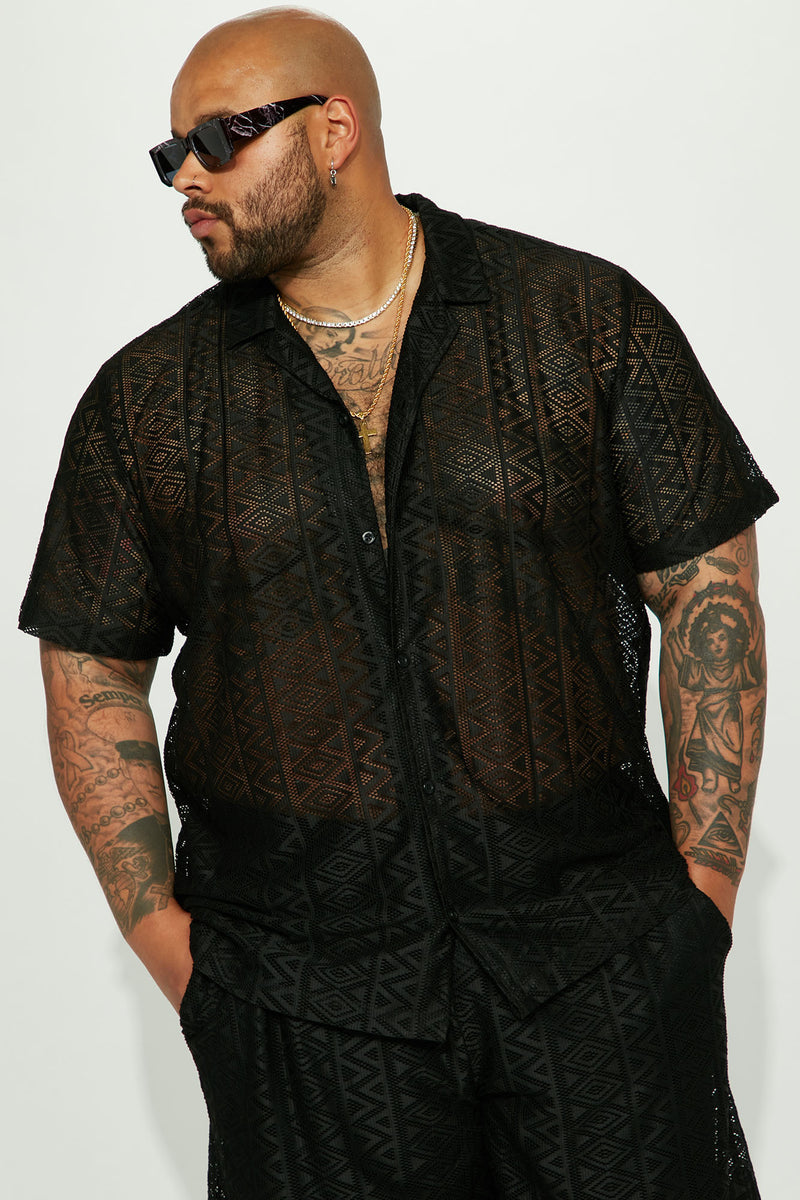 Mens Black Patterned Short Sleeve Button-Up Shirt – Modern Ethnic Print Casual Summer Shirt main image 0