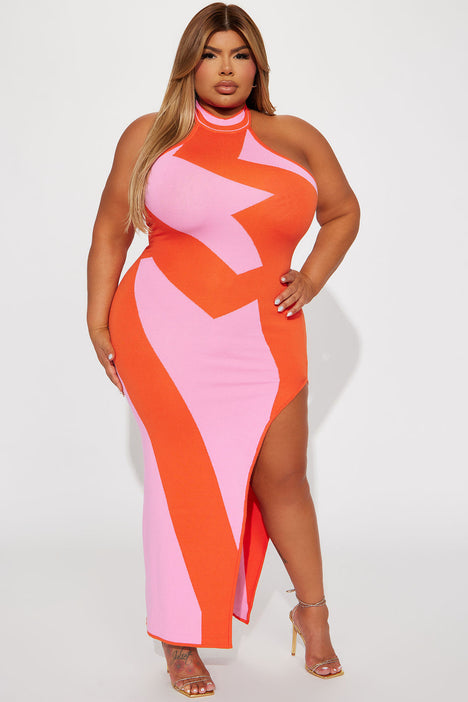 Abstract Halter Maxi Dress Orange combo