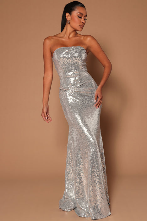 Off-Shoulder Sequin High Slit Gown in Silver - Retro, Indie and Unique  Fashion