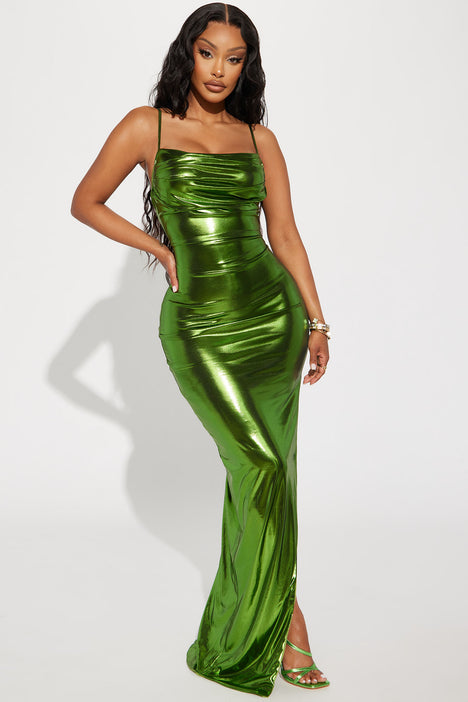 Galaxy Metallic Maxi Dress Green Fashion Nova Dresses