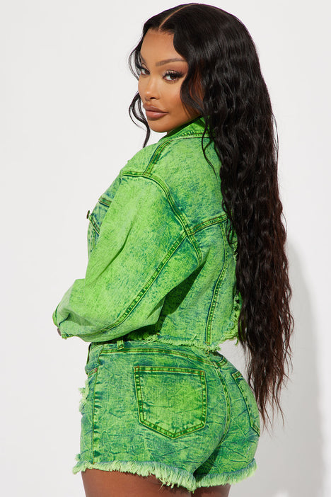 Electric Sky Cropped Denim Jacket Lime