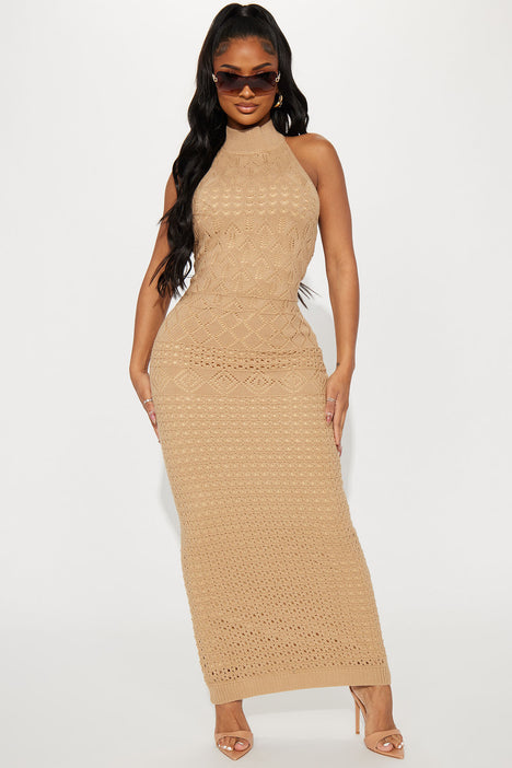 Resort Paradise Halter Crochet Maxi Dress Taupe