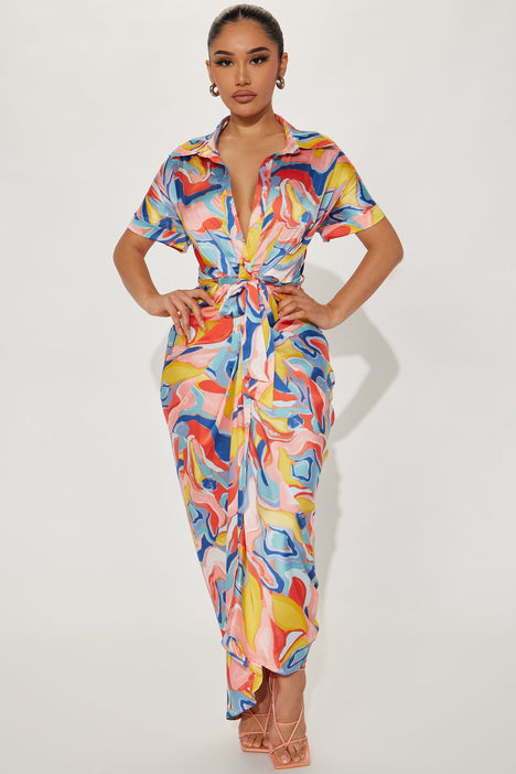 Hailey Button Up Maxi Dress Blue combo
