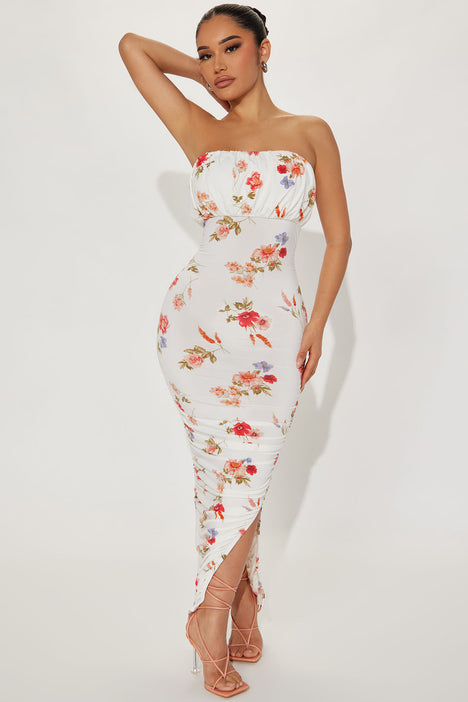 Sarina Ruched Floral Midi Dress White combo