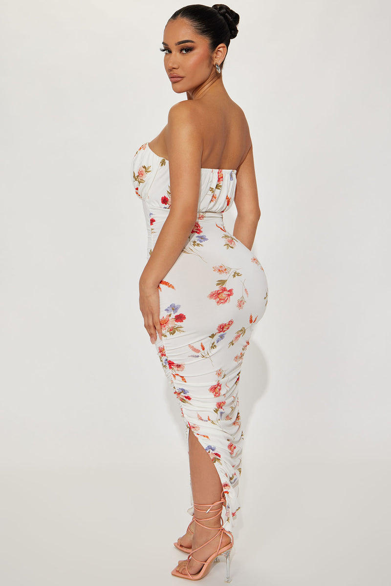 Sarina Ruched Floral Midi Dress - White/combo | Fashion Nova, Dresses ...