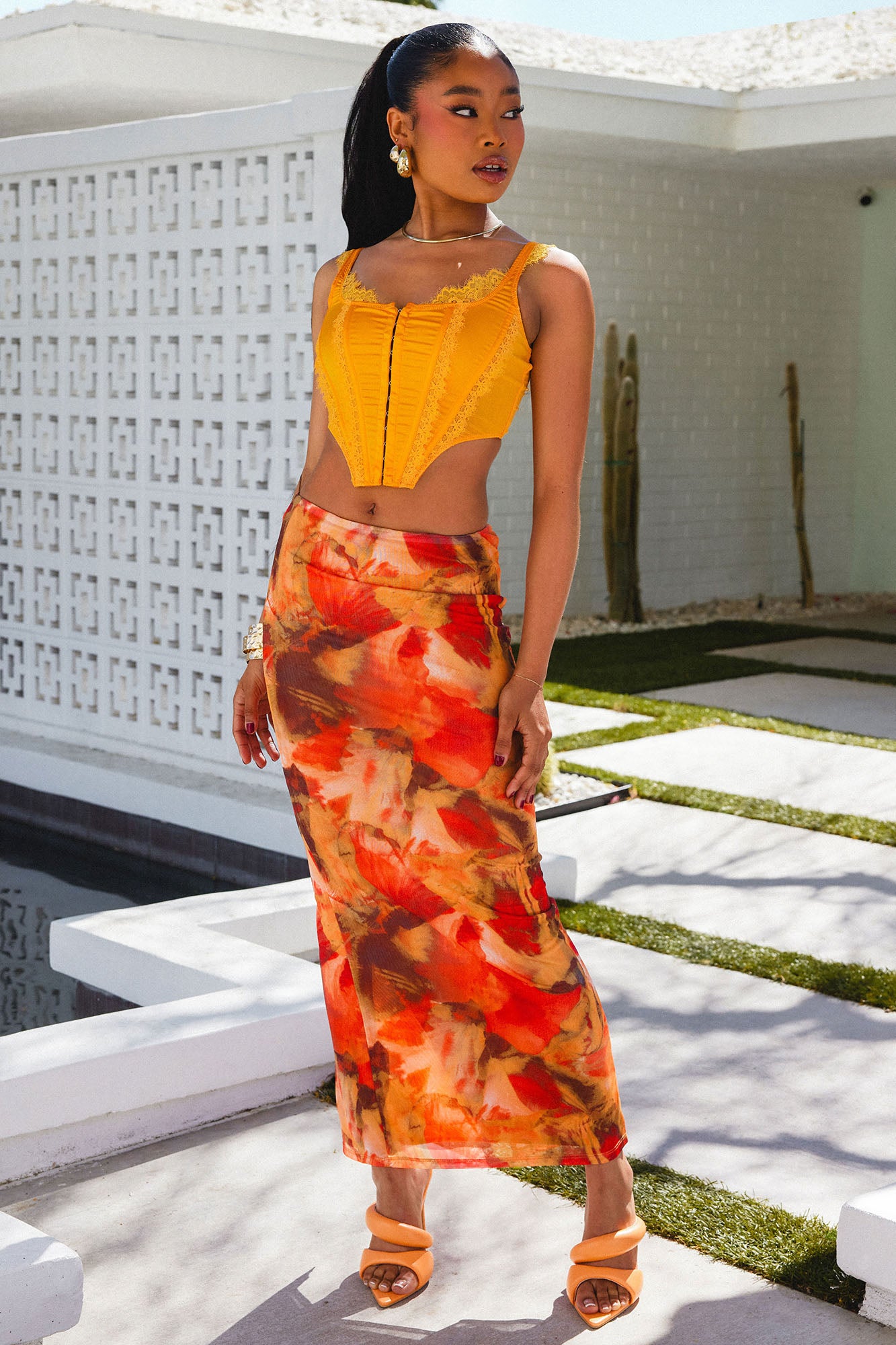 Lost In You Mesh Maxi Skirt Orange combo