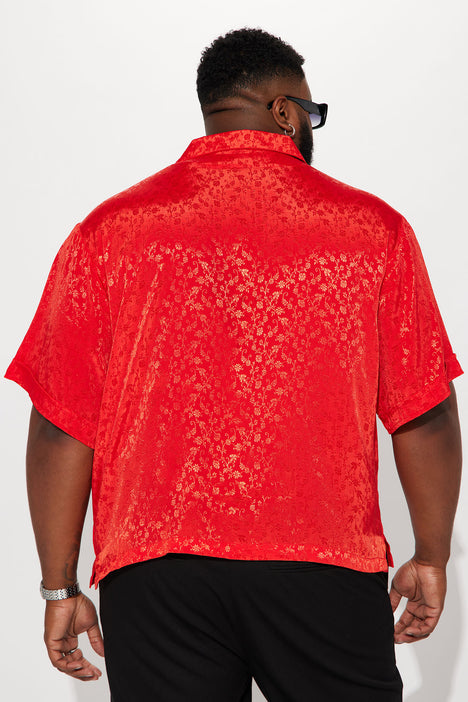 Red short sleeve button up best sale
