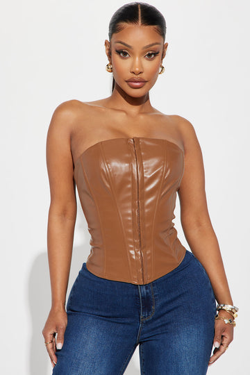 Never Complicated Faux Leather Corset Top - Brown, Fashion Nova, Shirts &  Blouses