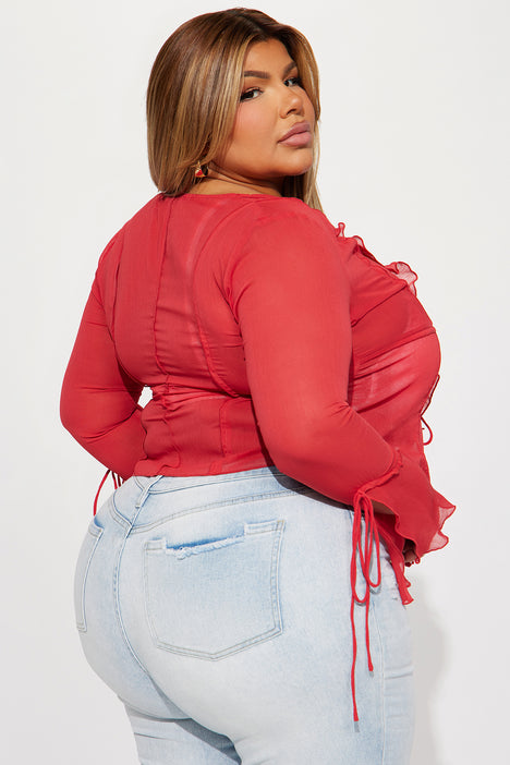 Red ruffle blouse plus size on sale