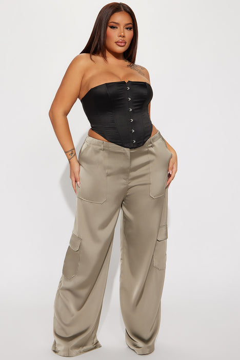 Pretty Girl Walk Satin Cargo Pant Olive Fashion Nova Pants