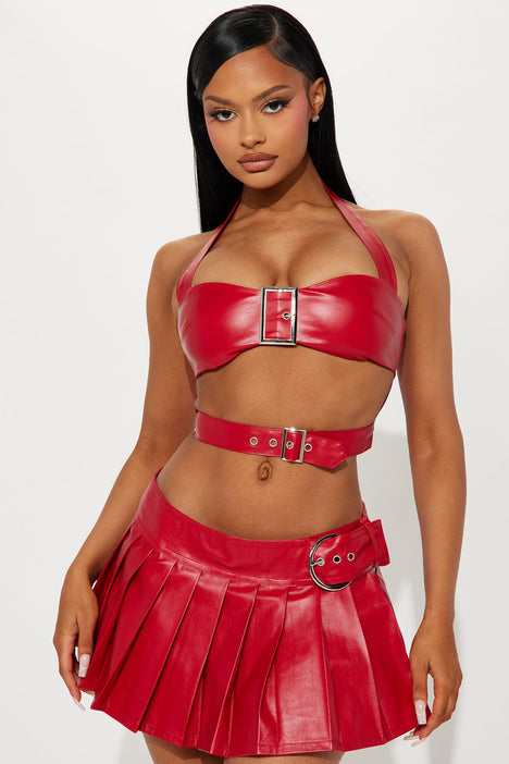 Fine Dime Faux Leather Skirt Set Red