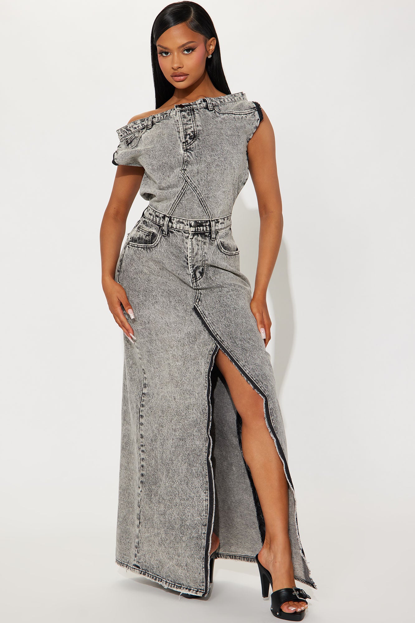 ELISA crocodile printed denim long skirt with back slit – MaisonCléo