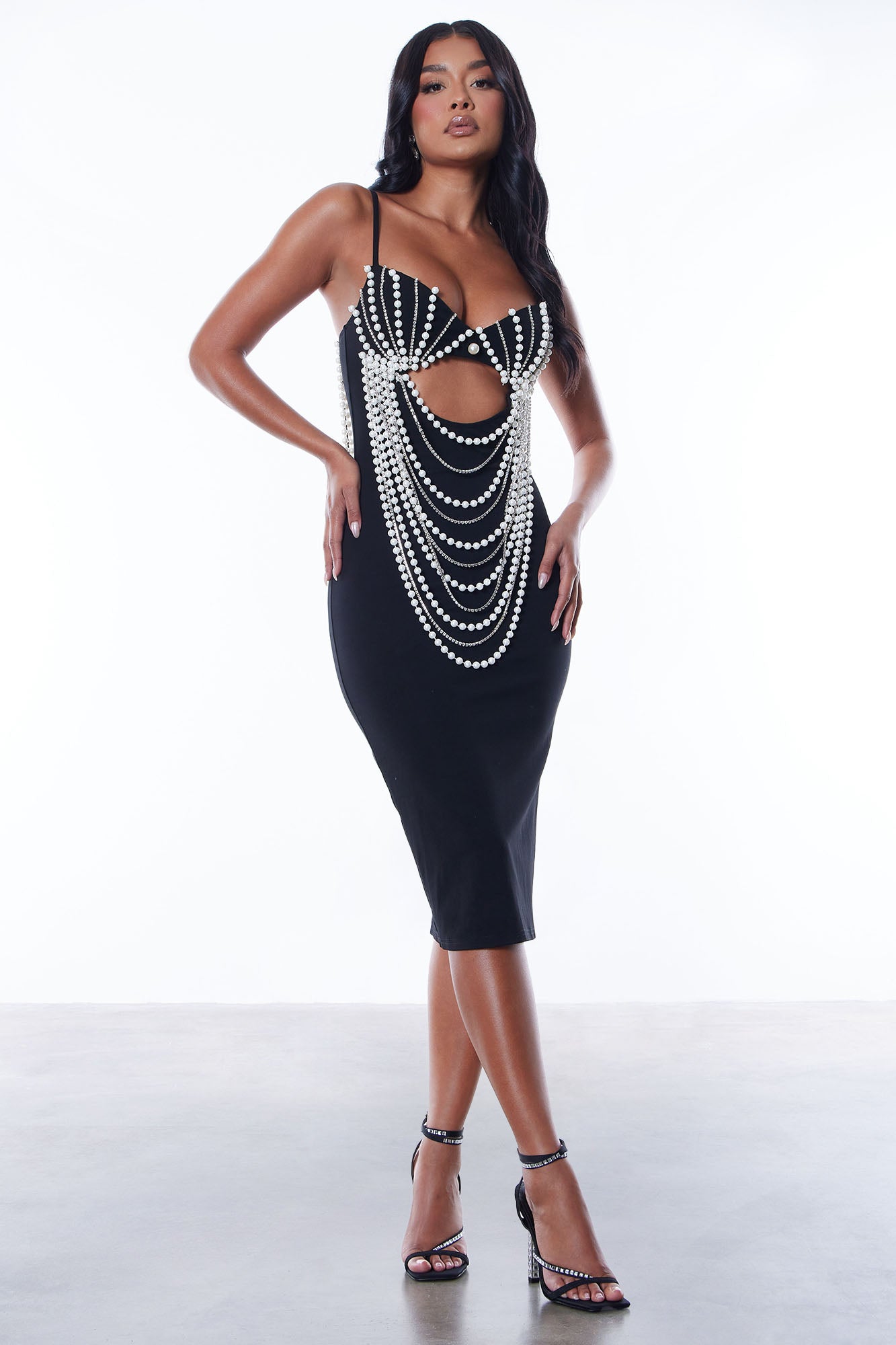 Ariel Pearl Embellished Midi Dress Black