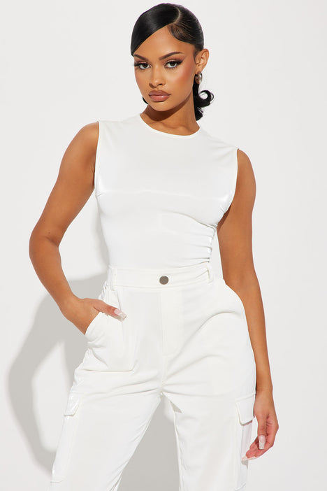 White faux leather jumpsuit clearance