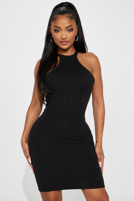 Ashley Ribbed Mini Dress Black