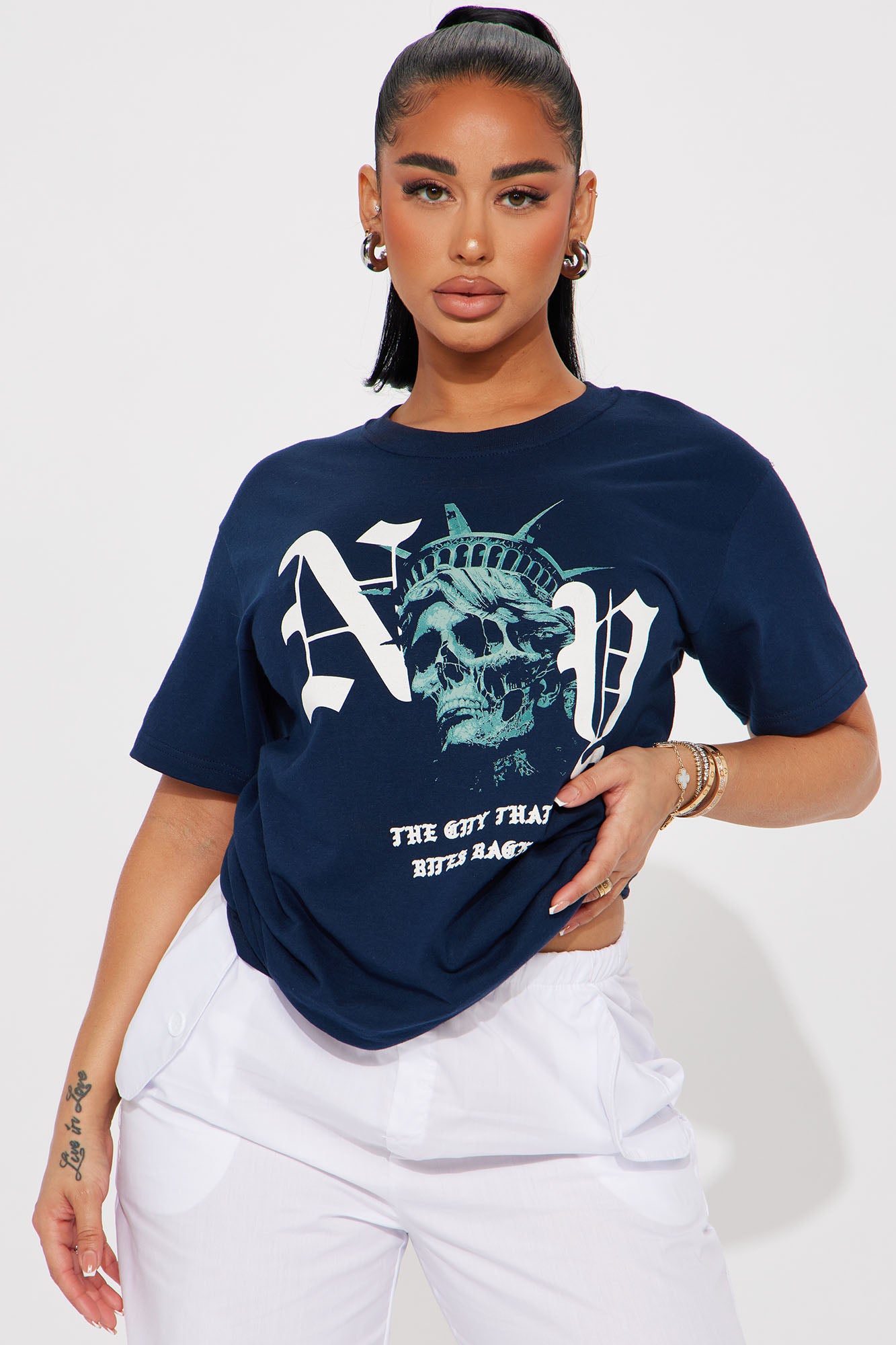 Women's New York Bites Back Graphic Tee Shirt in Navy Blue Size Large by Fashion Nova