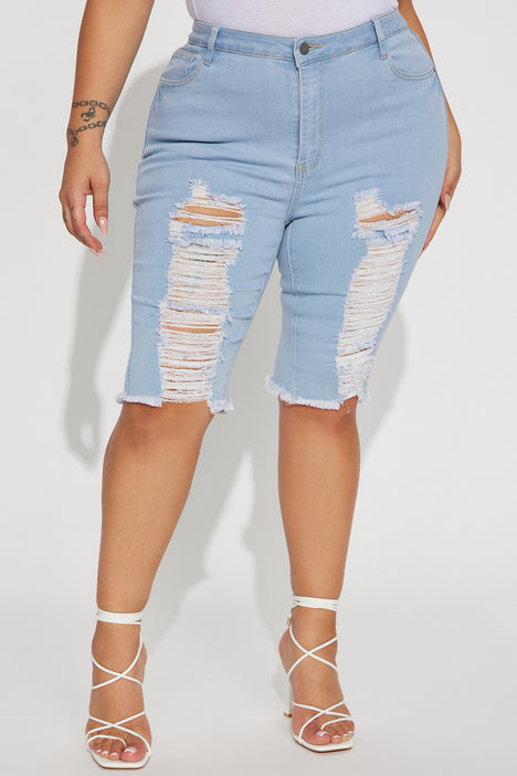 Mellow Out Distressed Bermuda Shorts Light Wash Fashion Nova