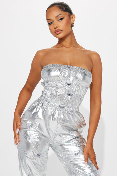 Fashion nova silver jumpsuit sales