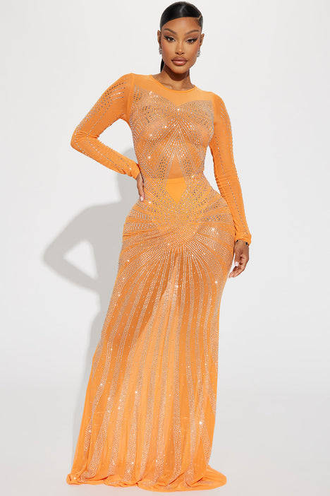 LONG ORANGE DRESS WITH EMBROIDERED TOP