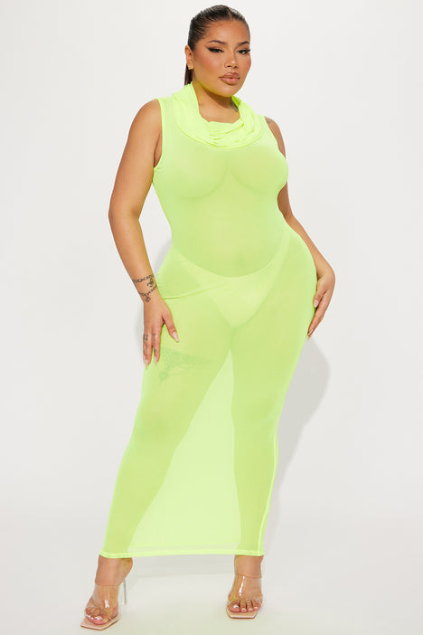 Liz Hooded Mesh Maxi Dress Neon Yellow Fashion Nova Dresses
