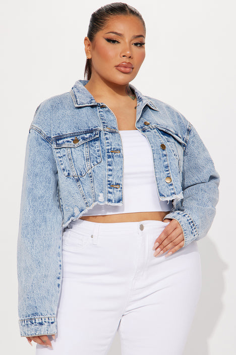 Closer To You Cropped Denim Trucker Jacket Acid Wash Blue