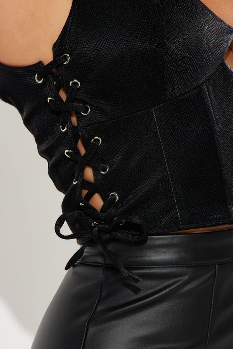 Plus Size Faux Leather Lace Up Detail Bustier Bodysuit